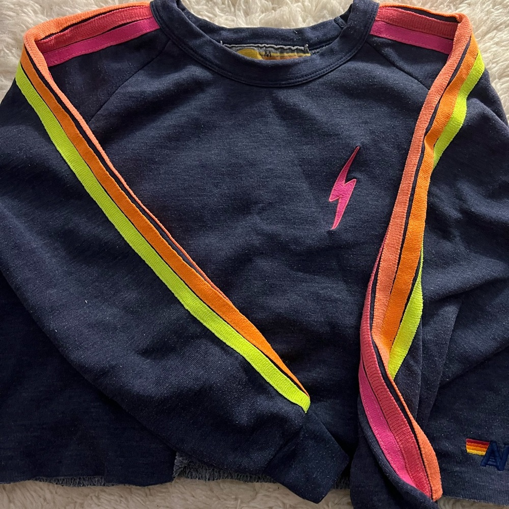 Aviator Nation cropped crew neck! Neon stripes down arms.